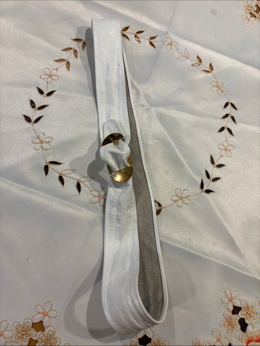 Vintage White Women's Leather Knot Belt with Gold Accent